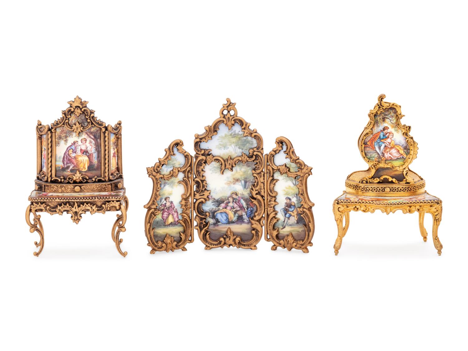 Five Viennese Enameled Miniature Furniture Articles
