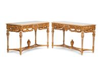 A Pair of Louis XVI Style White Painted and Parcel Gilt Marble-Top Console Tables