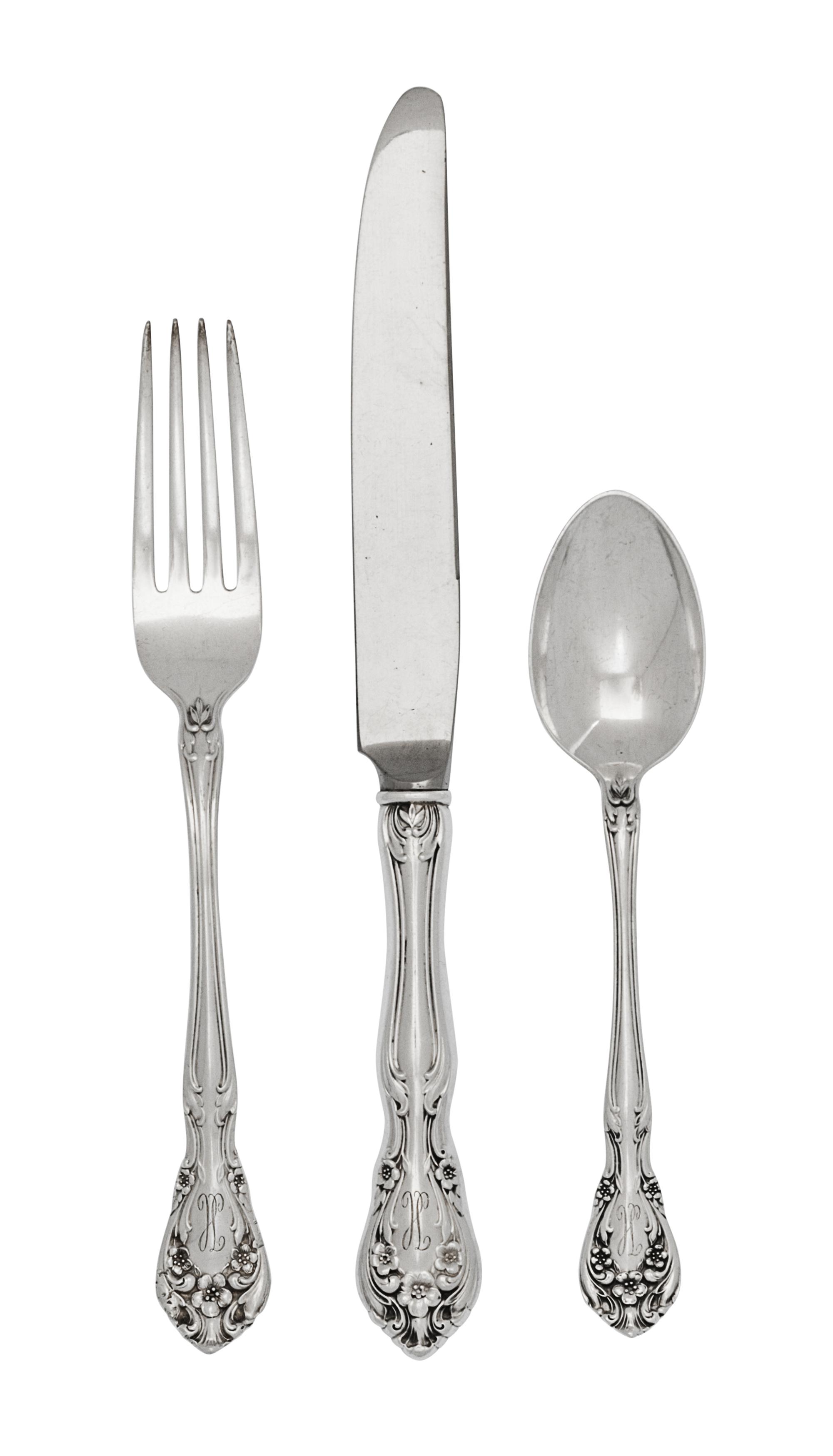An American Silver Flatware Service, Alvin Corporation, Providence, RI, 20th Century, Chateau Rose pattern, comprising: 12 dinner knive