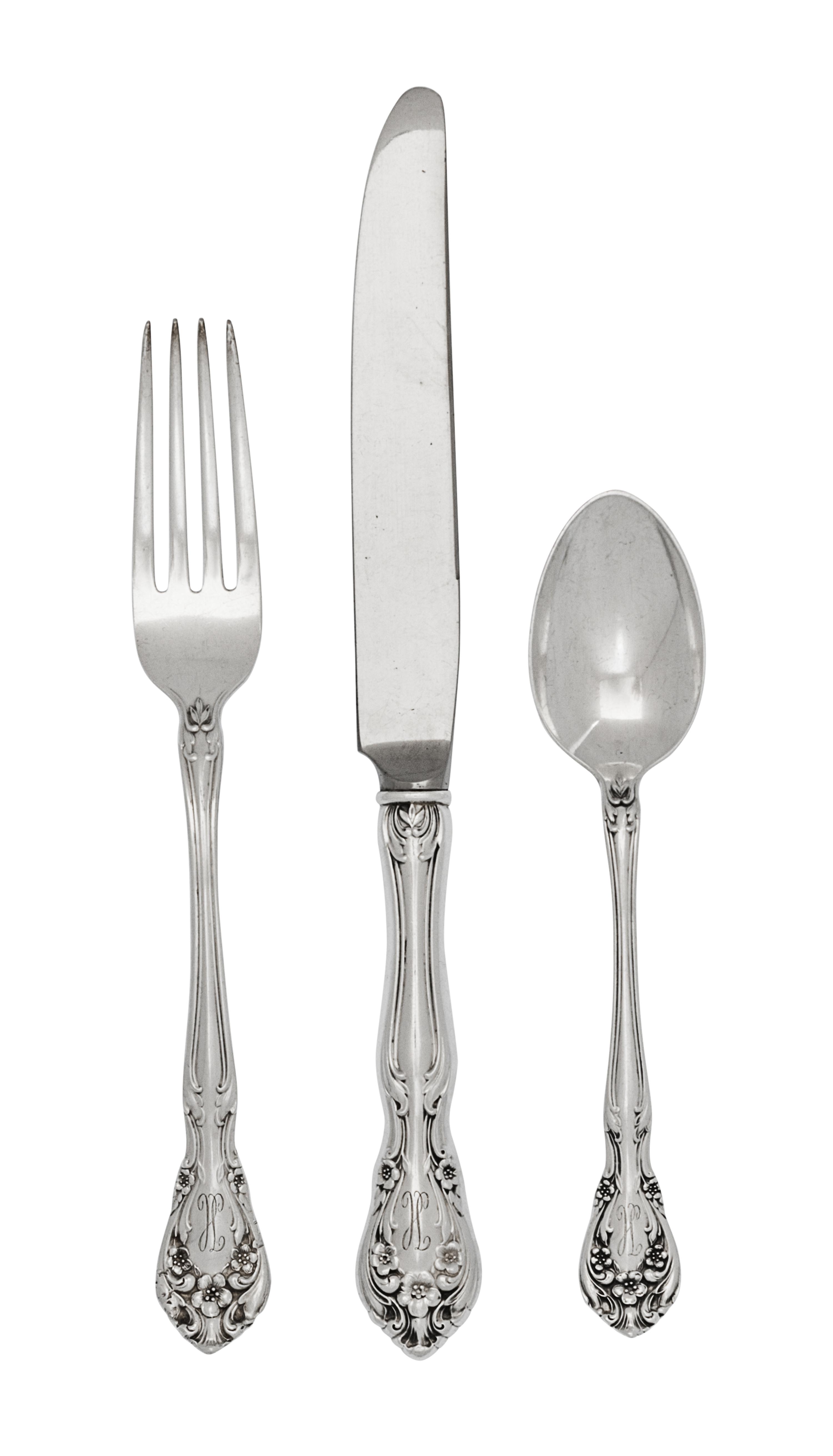 An American Silver Flatware Service, Alvin Corporation, Providence, RI, 20th Century, Chateau Rose pattern, comprising: 12 dinner knive