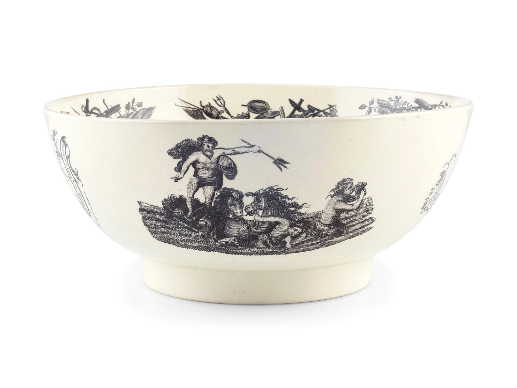 [ADAMS, John (1735-1826)]. Liverpool creamware punch bowl featuring portraits of John Adams as President, Benjamin Franklin, and George Washington. Late 18th/early 19th century.