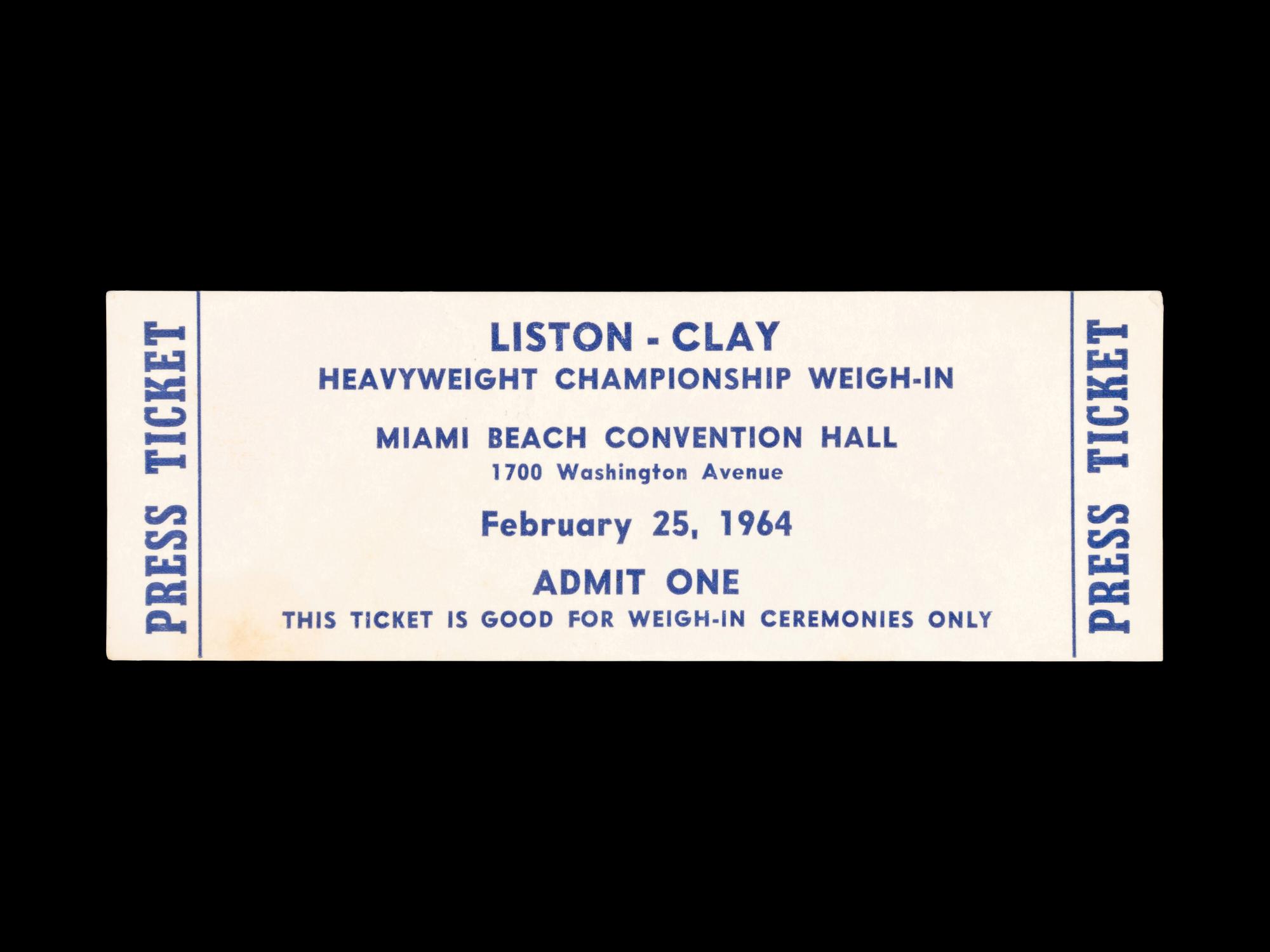 A 1964 Sonny Liston vs. Cassius Clay (Muhammad Ali) Heavyweight Boxing Championship Weigh In Press Ticket,