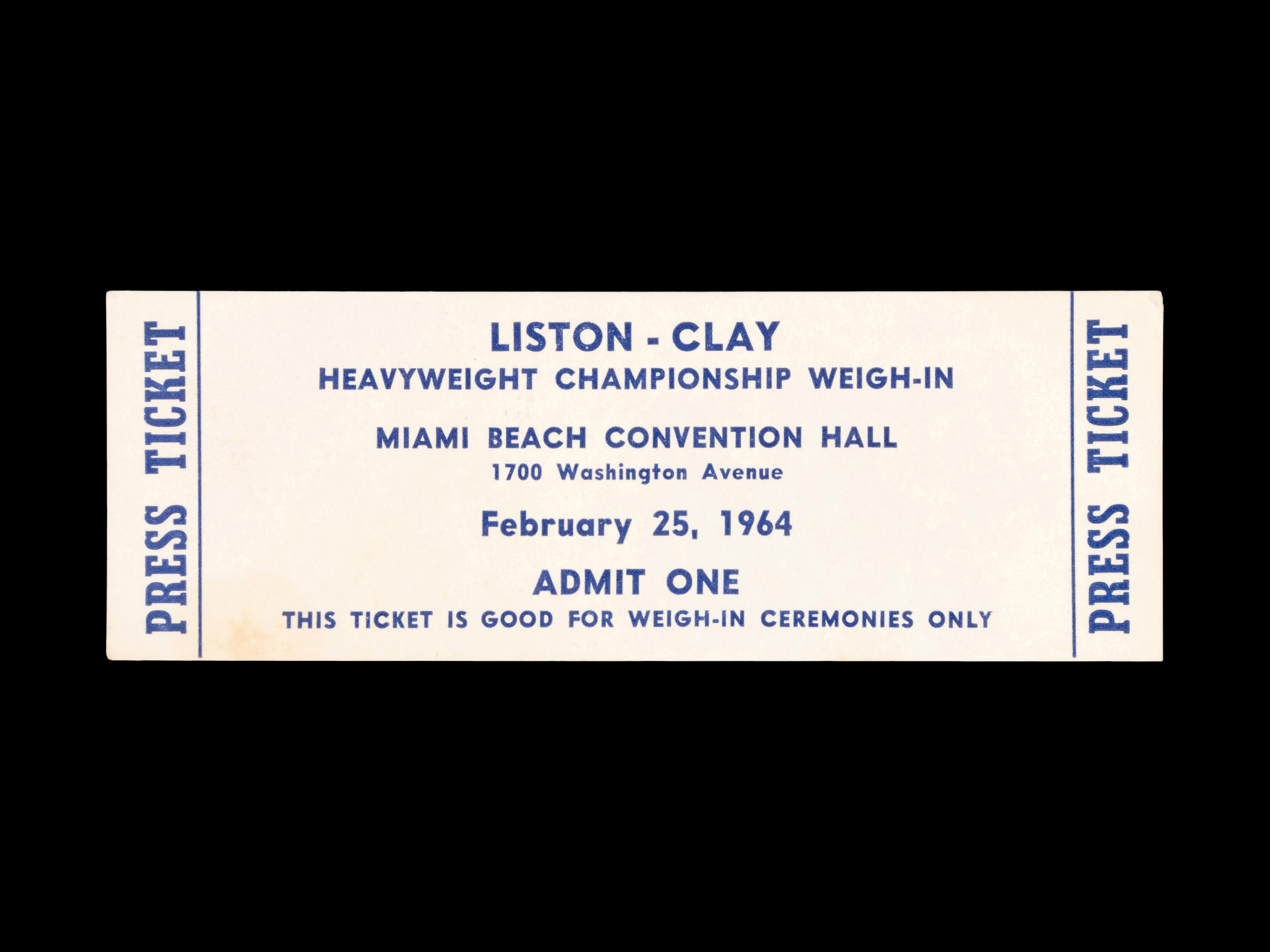 A 1964 Sonny Liston vs. Cassius Clay (Muhammad Ali) Heavyweight Boxing Championship Weigh In Press Ticket,