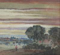 John Varley, (British, 1778-1842), Two Figures and Cow on Road and Figure to Left in Red Blouse (two works)