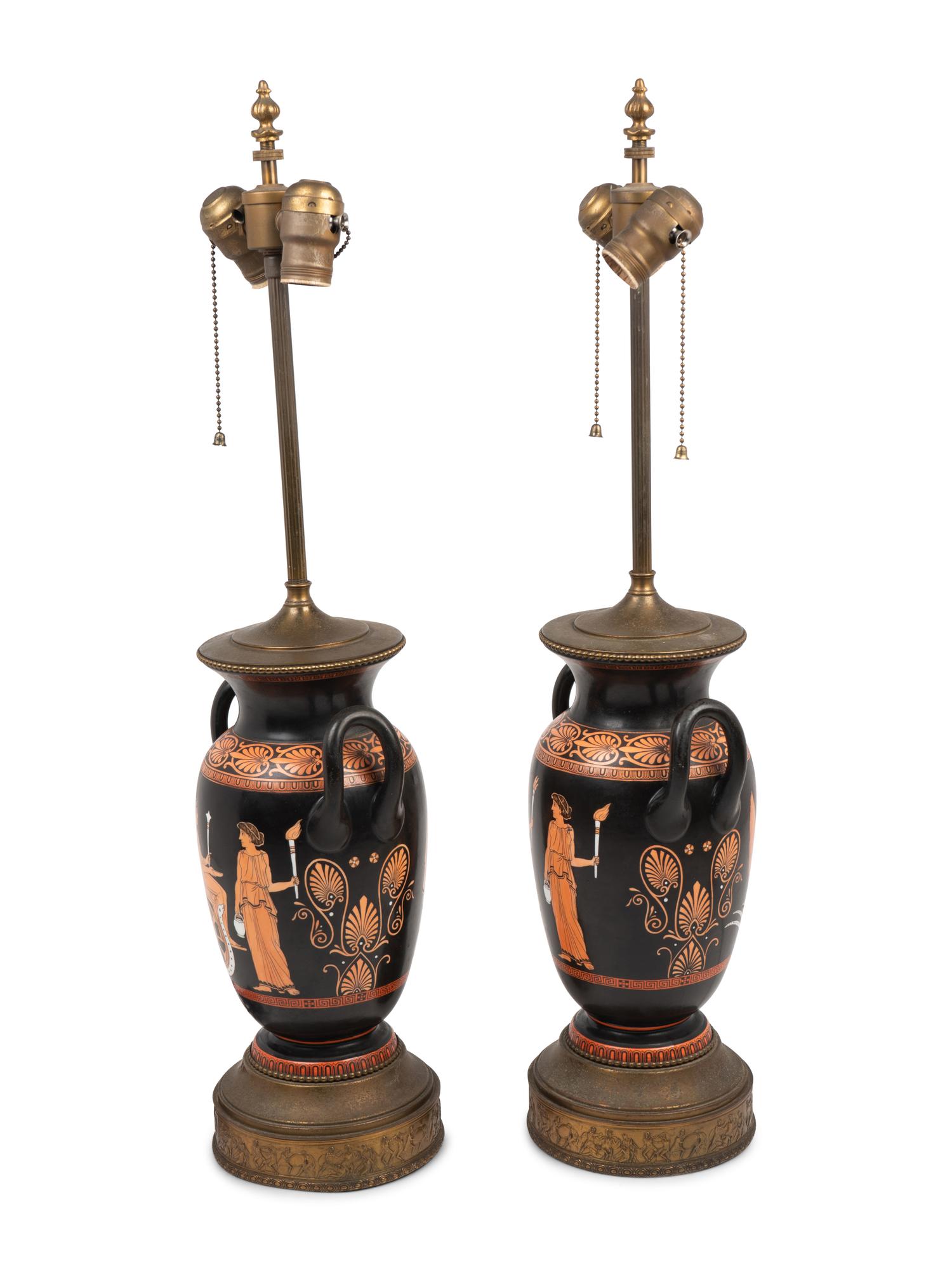 A Pair of Graeco-Roman Style Pottery Urns Mounted as Lamps