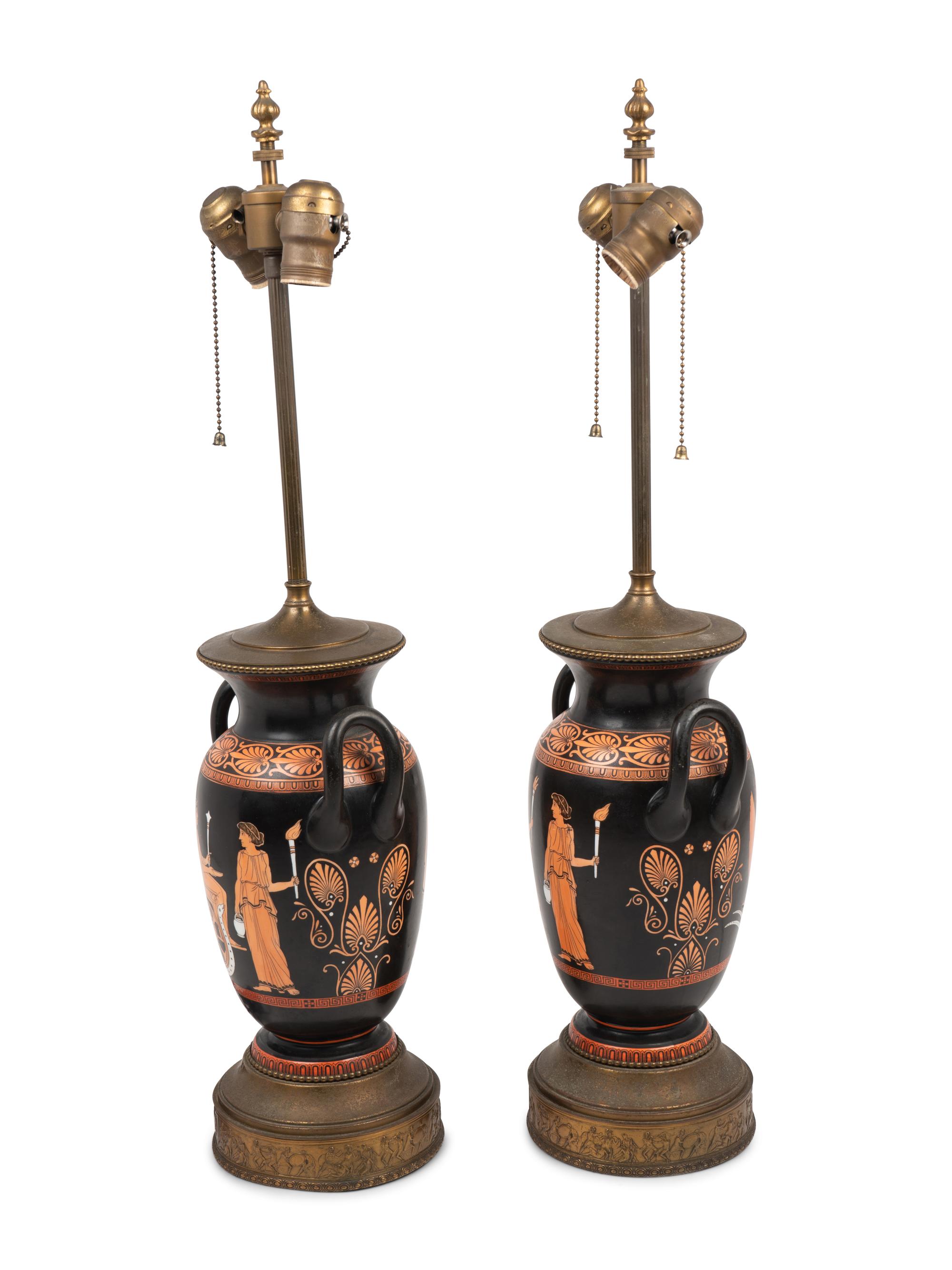 A Pair of Graeco-Roman Style Pottery Urns Mounted as Lamps