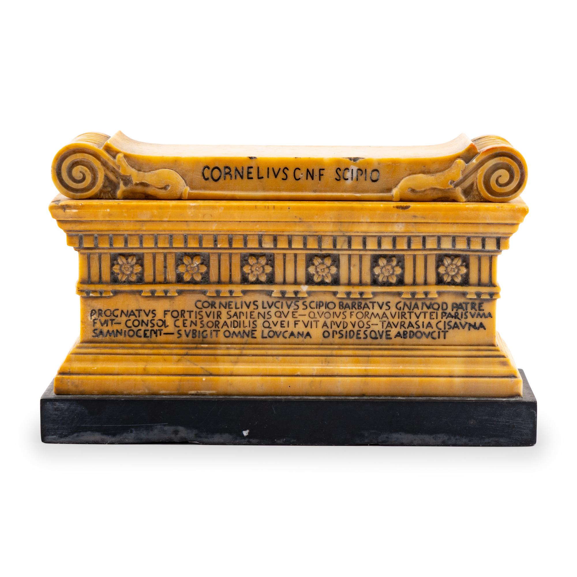 A Grand Tour Marmo Giallo Antico Model of the Sarcophagus of Lucius Cornelius Scipio