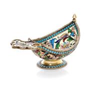 A Russian Enameled Silver-Gilt Kovsh, Maker's mark HC, having a shaped handle, the interior worked with polychrome flowers and scrolls