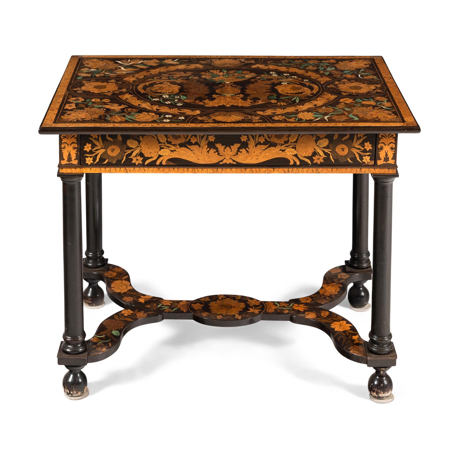 A Part-Ebonized Fruitwood Marquetry Console Table