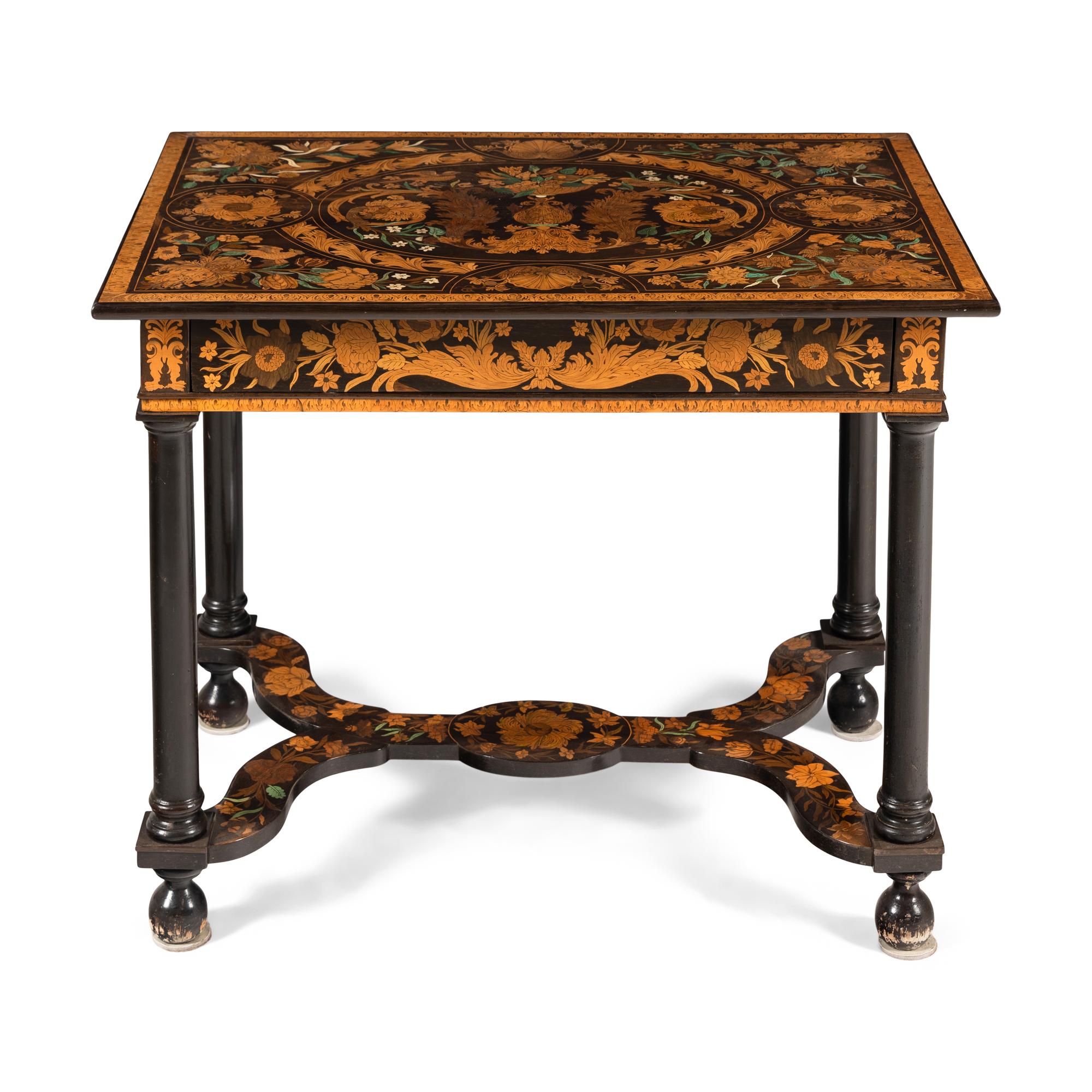 A Part-Ebonized Fruitwood Marquetry Console Table