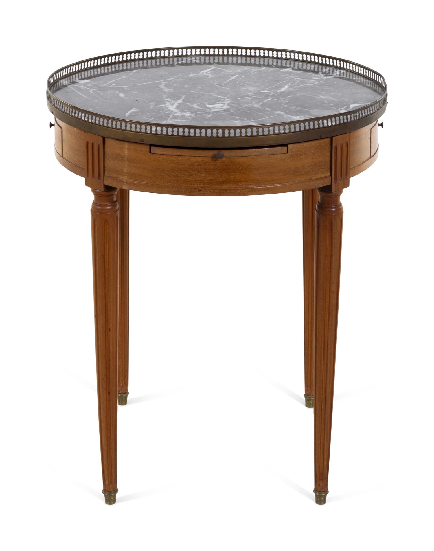 A Louis XVI Style Brass Mounted Fruitwood Marble Top Bouillotte Table