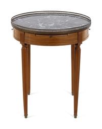 A Louis XVI Style Brass Mounted Fruitwood Marble Top Bouillotte Table