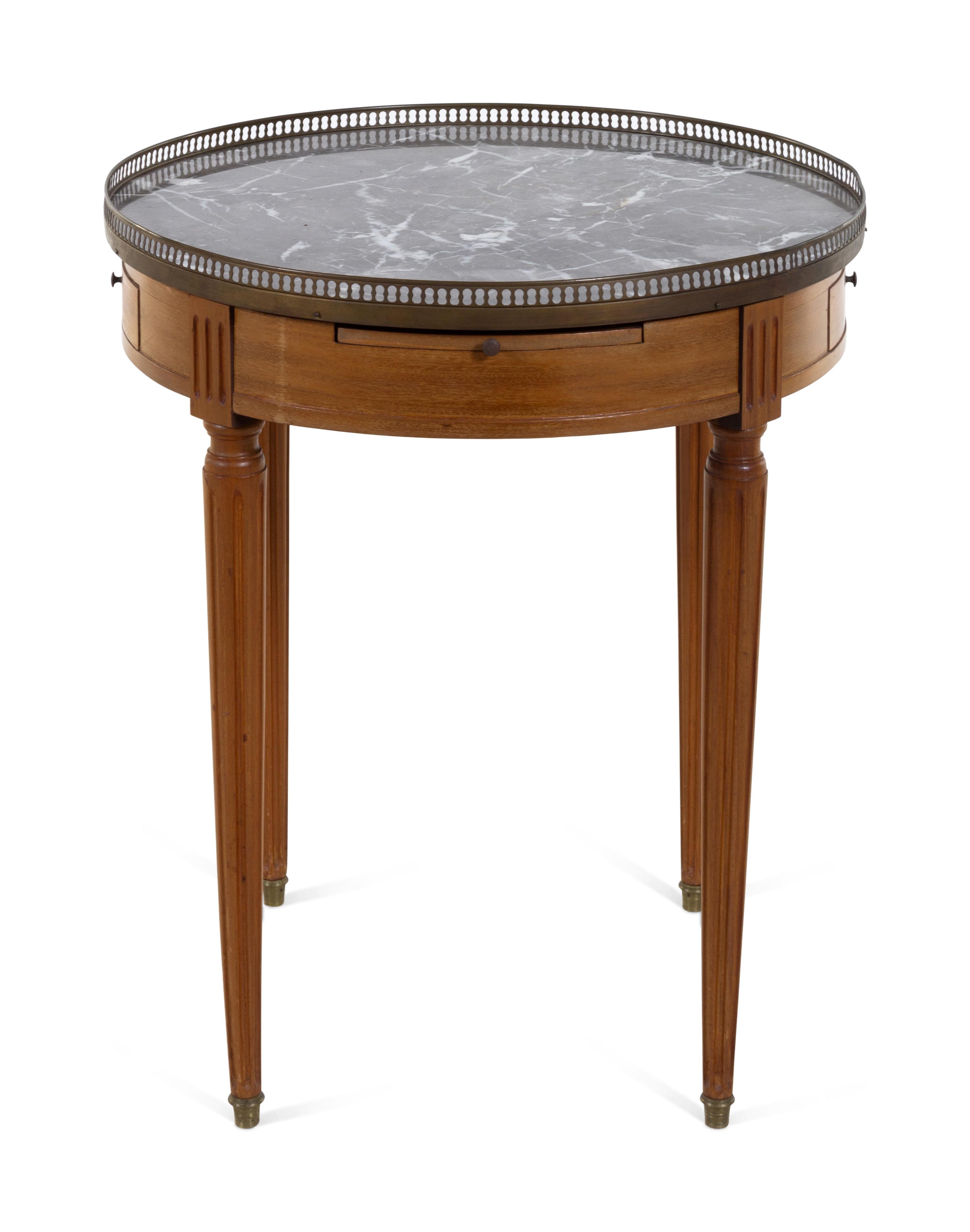 A Louis XVI Style Brass Mounted Fruitwood Marble Top Bouillotte Table