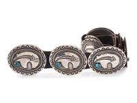 Navajo Cast Sterling Silver and Turquoise Concha Belt, with Heartline Bear Design