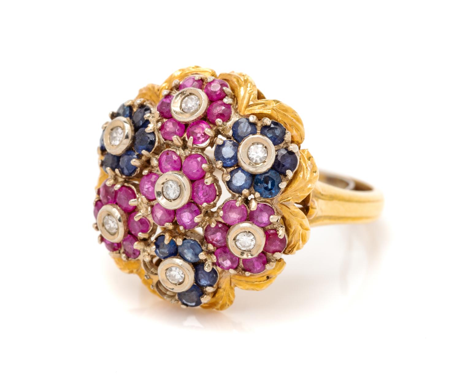 An 18 Karat Yellow Gold, Diamond, Ruby and Sapphire Ring,