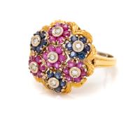 An 18 Karat Yellow Gold, Diamond, Ruby and Sapphire Ring,