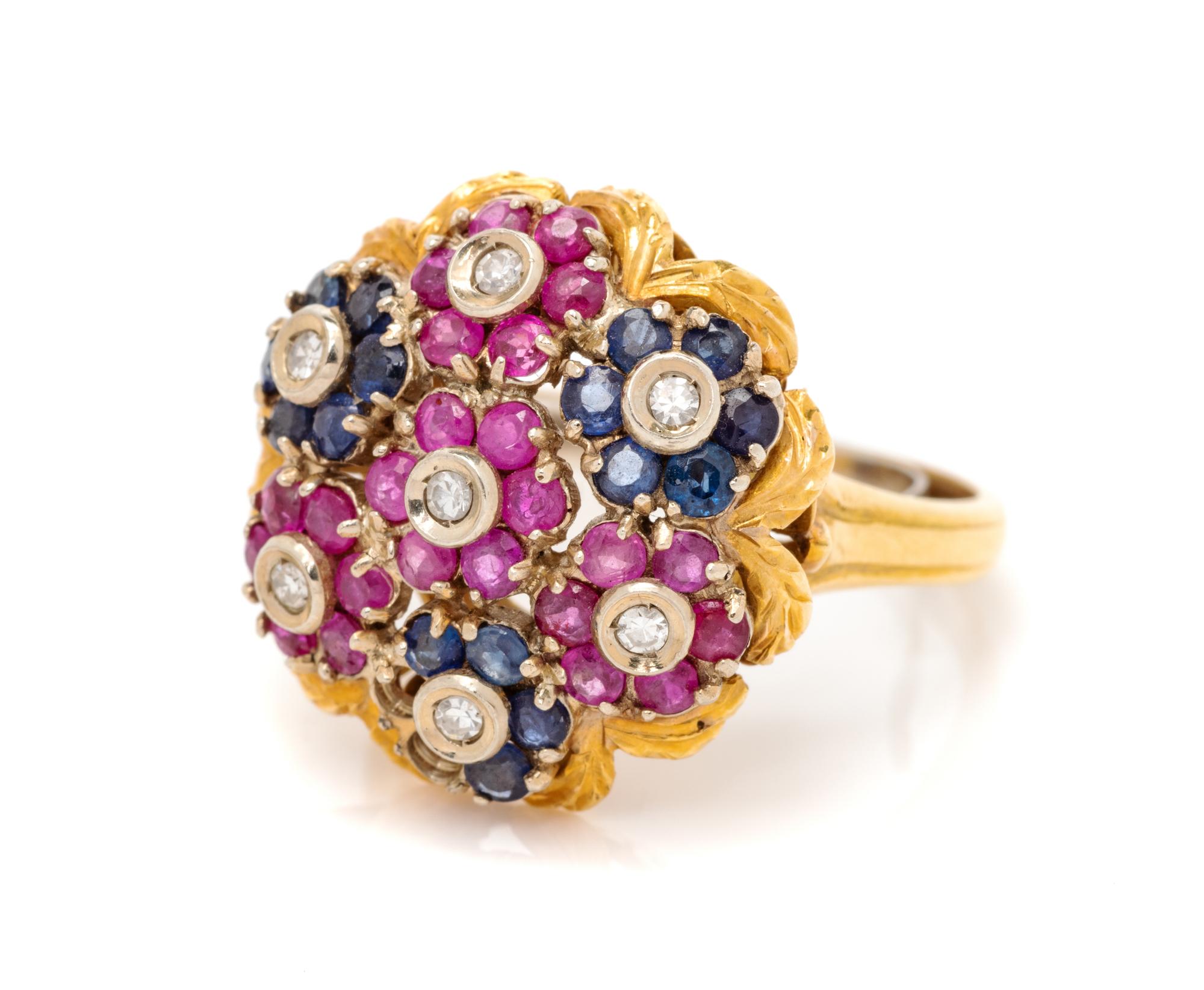 An 18 Karat Yellow Gold, Diamond, Ruby and Sapphire Ring,