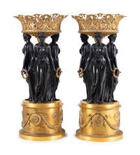 A Pair of Empire Style Gilt and Patinated Bronze Figural Centerpieces
