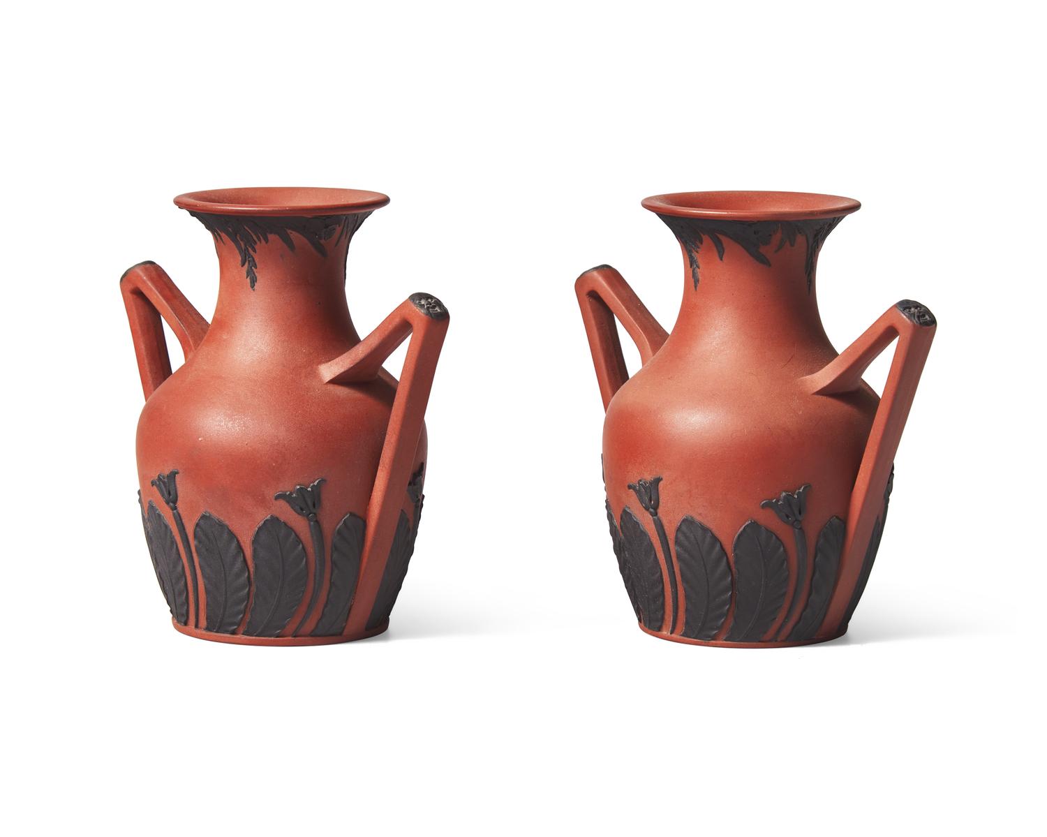 A Pair of Wedgwood Rosso Antico "Bat Wing" Portland Vases