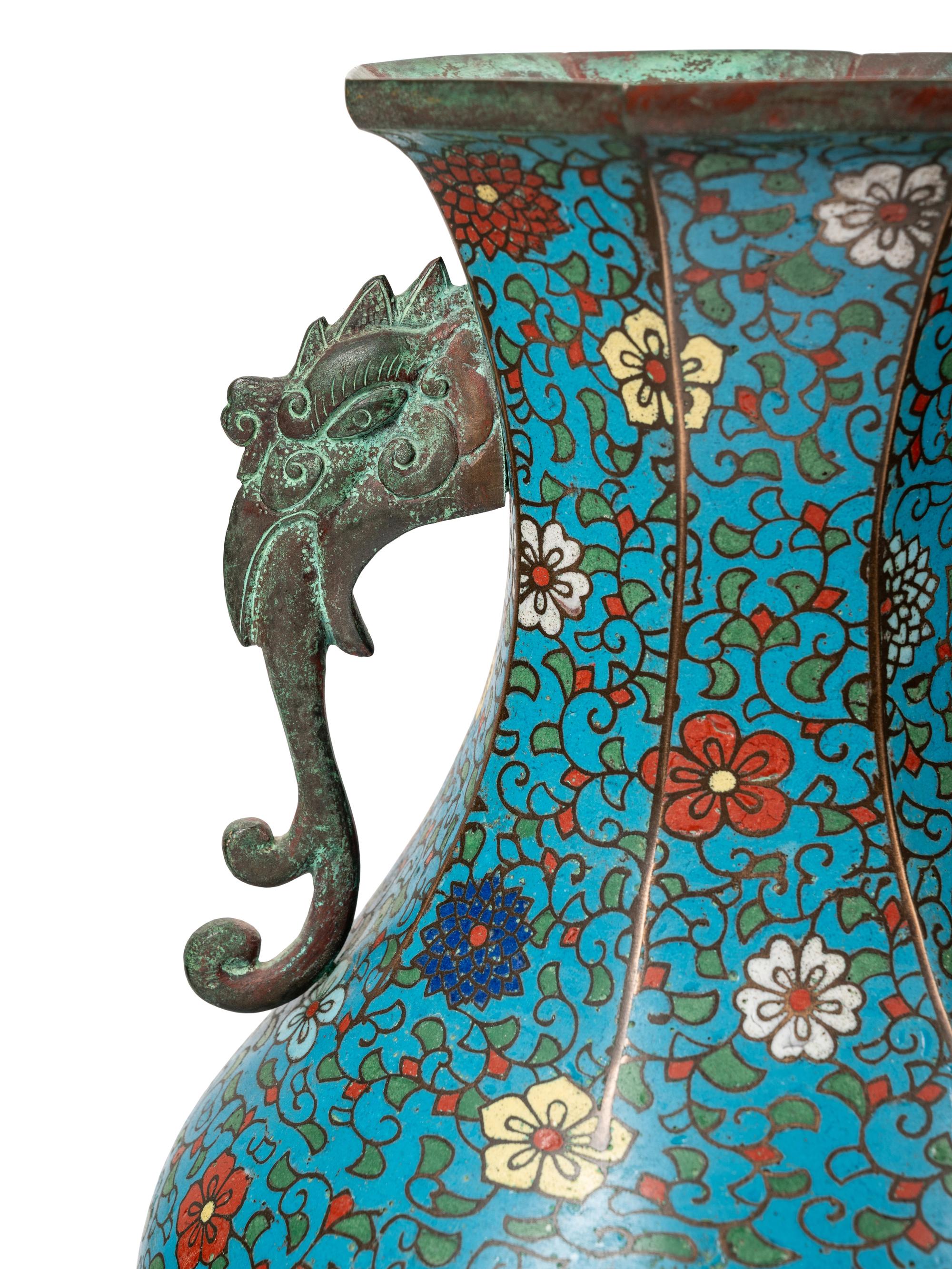 Five Japanese Archaistic Blue Ground Cloisonné Enameled Vases