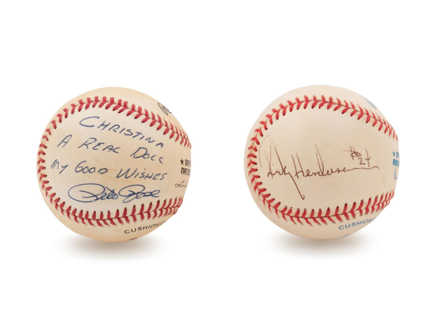 A Group of Two Signed Baseballs Including Rickey Henderson and Pete Rose