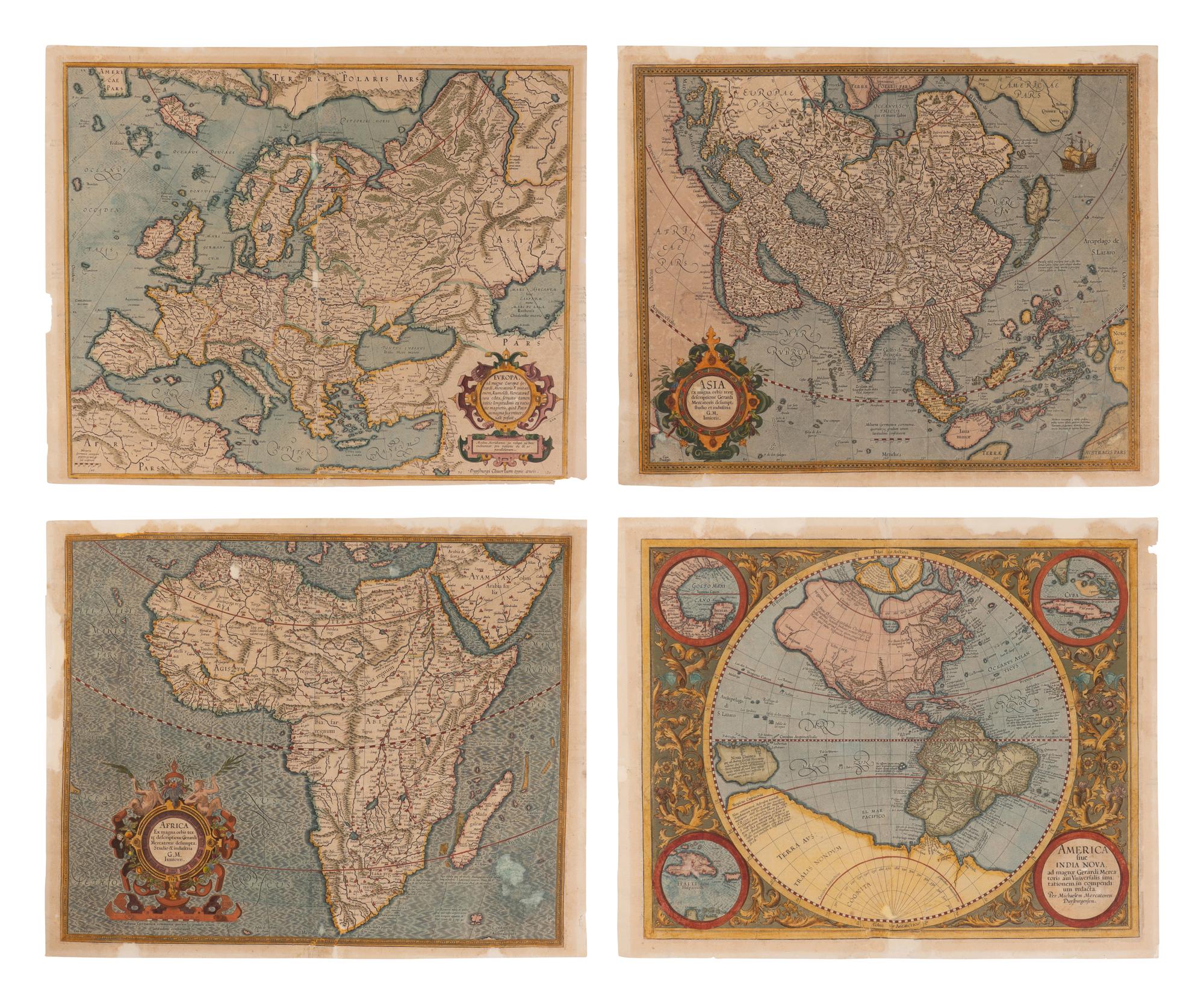 [Maps & Atlases] Mercator, Gerard. Group of 4 Hand-Colored Engraved Maps