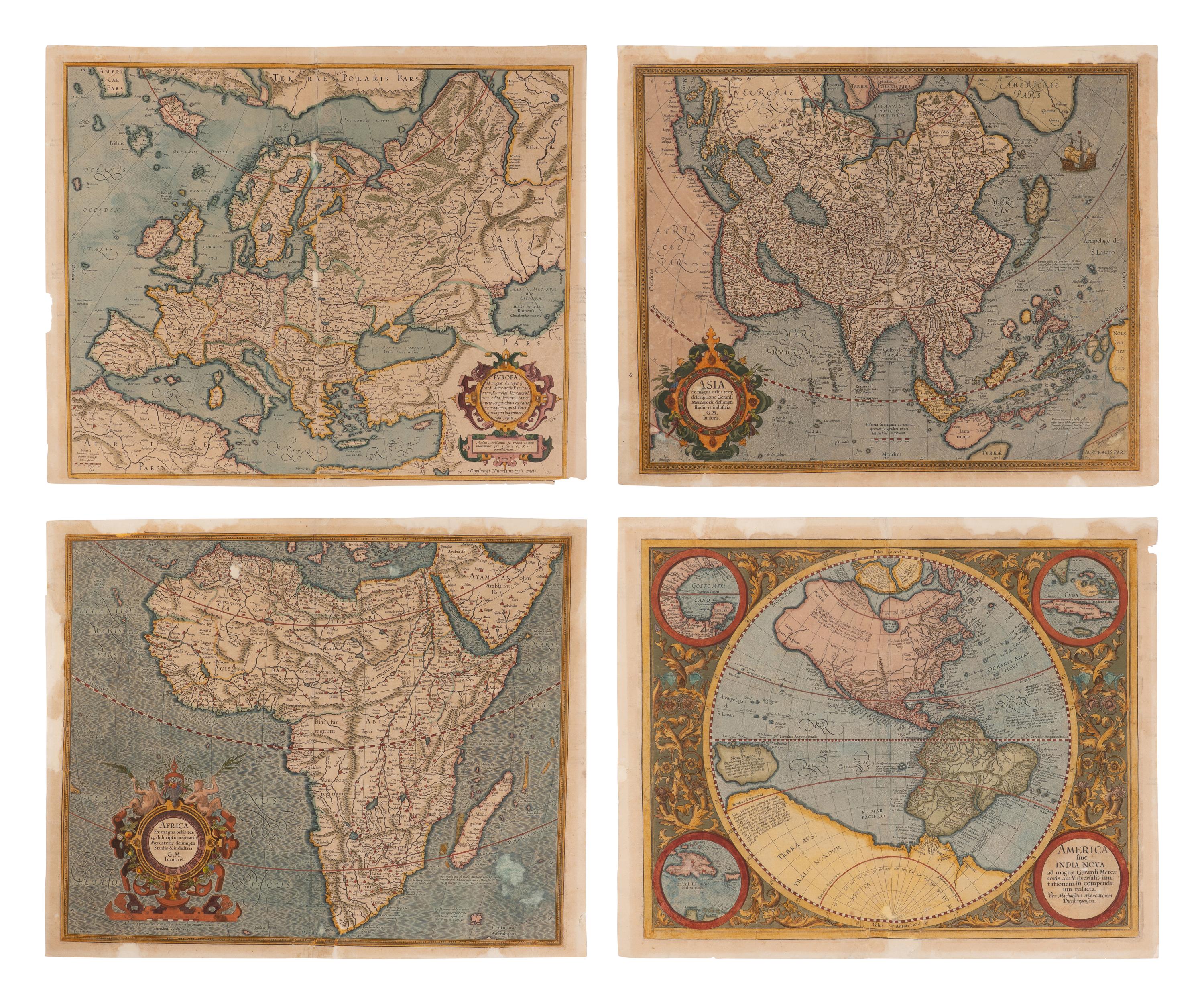 [Maps & Atlases] Mercator, Gerard. Group of 4 Hand-Colored Engraved Maps