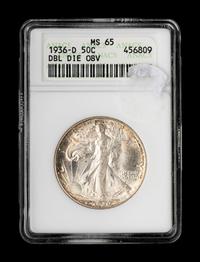 A 1936-D Walking Liberty: Doubled-Die Obverse 50c Coin (ANACS MS65)