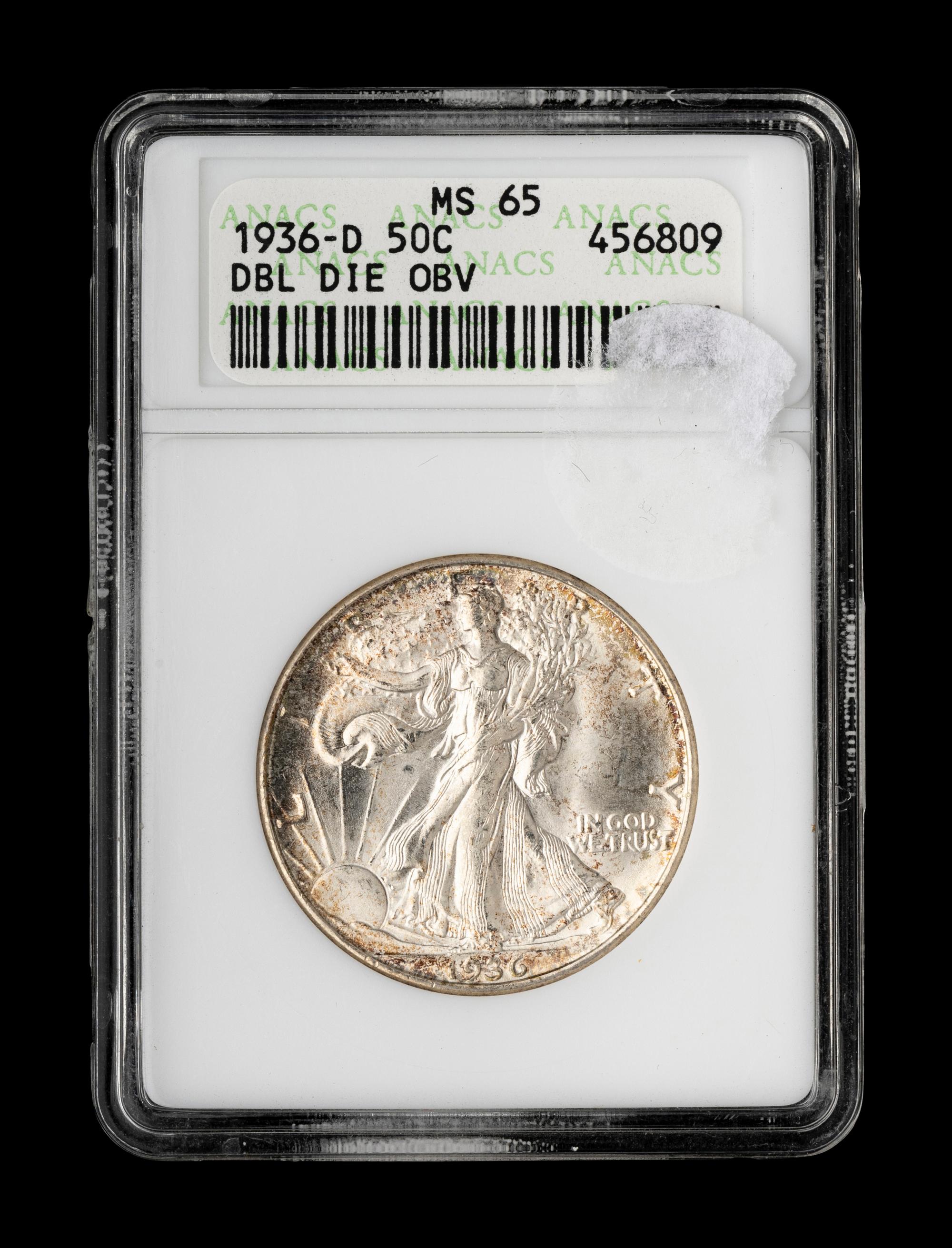 A 1936-D Walking Liberty: Doubled-Die Obverse 50c Coin (ANACS MS65)