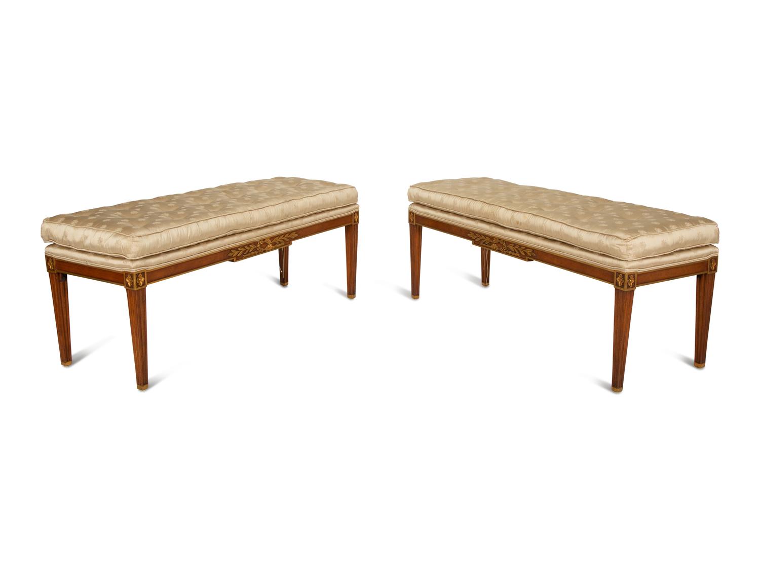 A Pair of Empire Style Parcel Gilt Mahogany Benches with Button Tufted Upholstered Seat