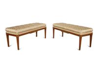 A Pair of Empire Style Parcel Gilt Mahogany Benches with Button Tufted Upholstered Seat