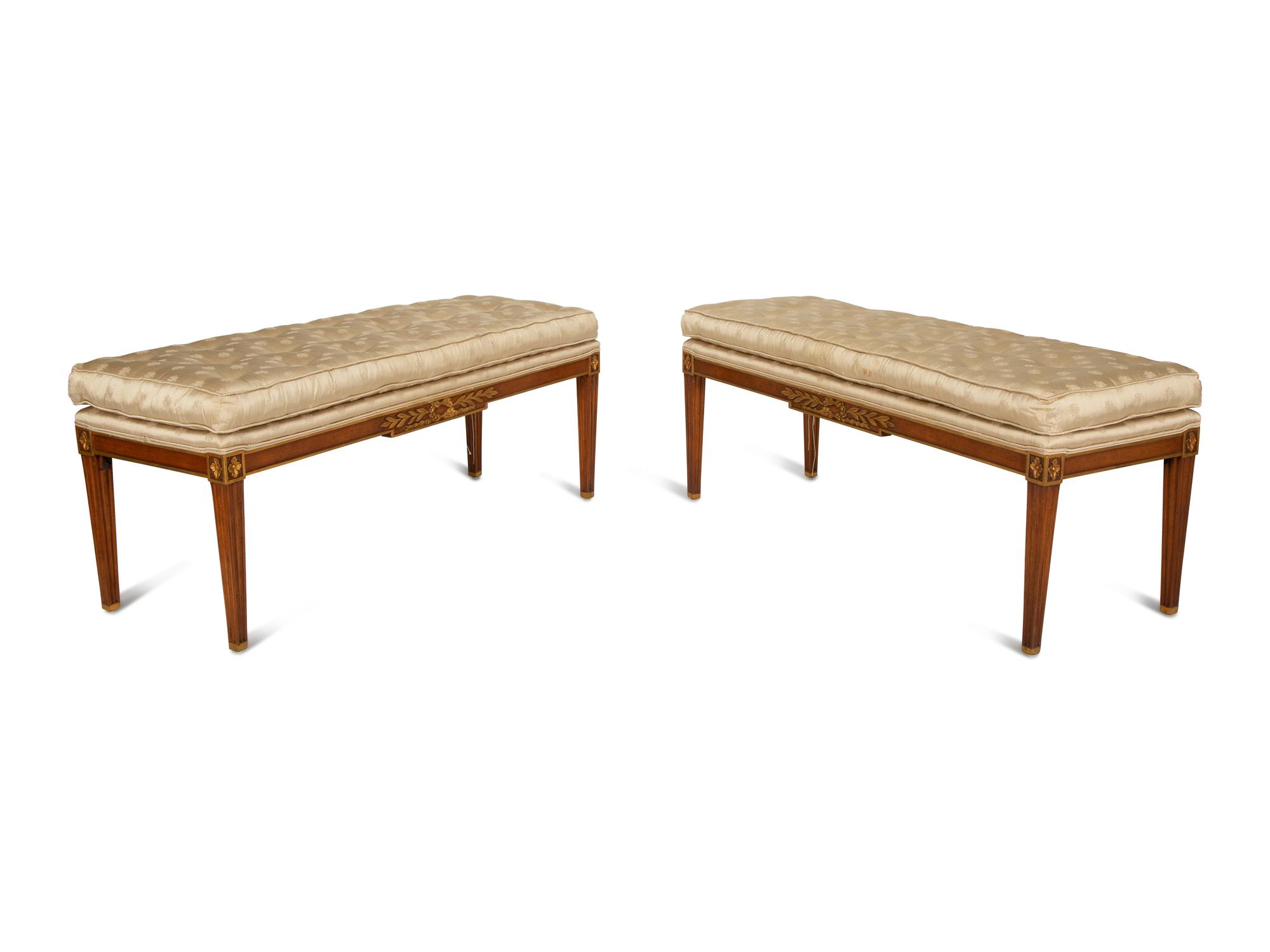 A Pair of Empire Style Parcel Gilt Mahogany Benches with Button Tufted Upholstered Seat