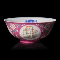 A Chinese Famille Rose Ruby-Ground Sgraffito 'Medallion' Bowl, Late 19th/Early 20th Century — 晚清/民國 內青花外粉彩軋道胭脂紅地開光五穀豐登博古紋碗