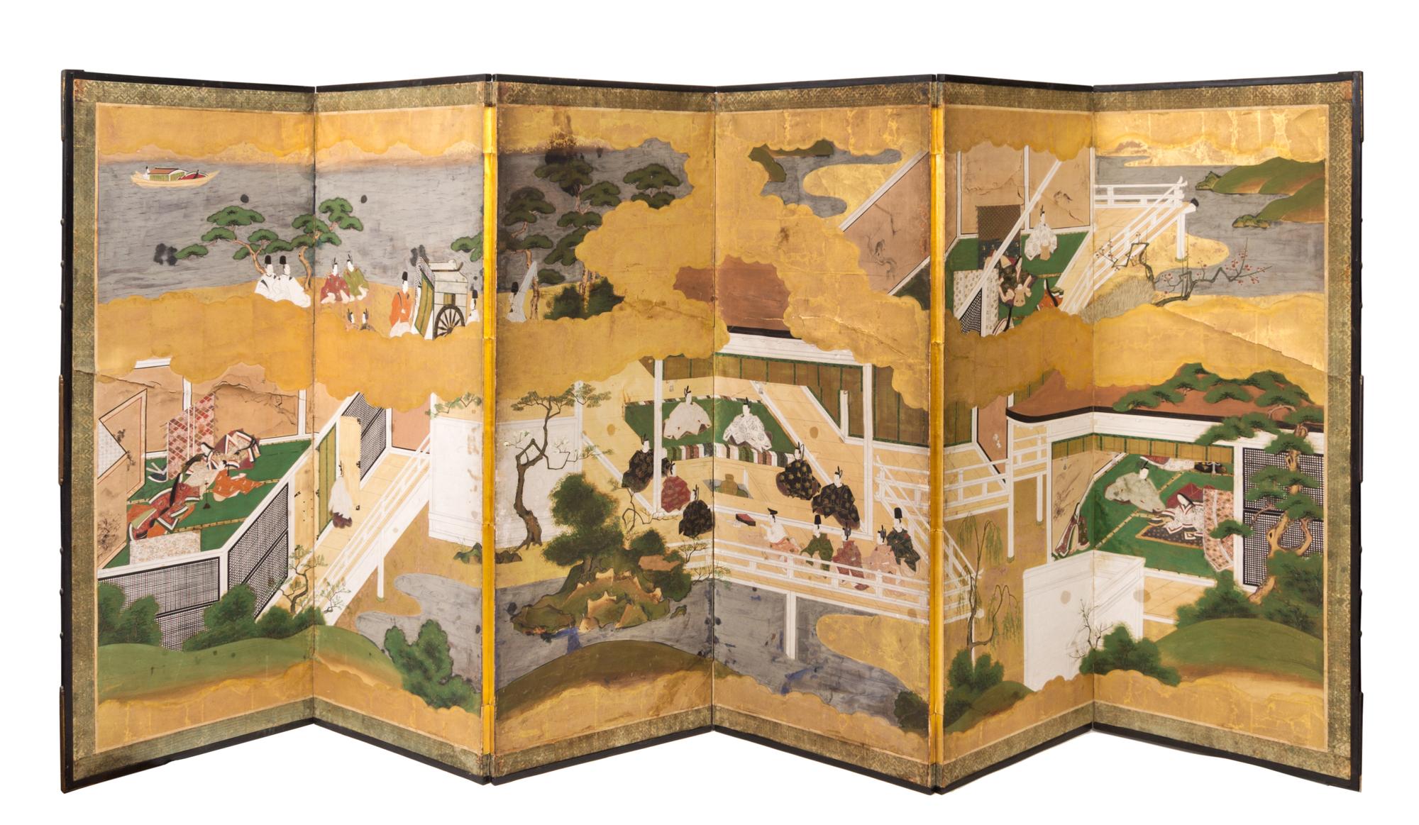A Japanese Six-Panel Floor Screen Height 47 1/4 x width of each panel 18 3/4 inches. — 19TH CENTURY