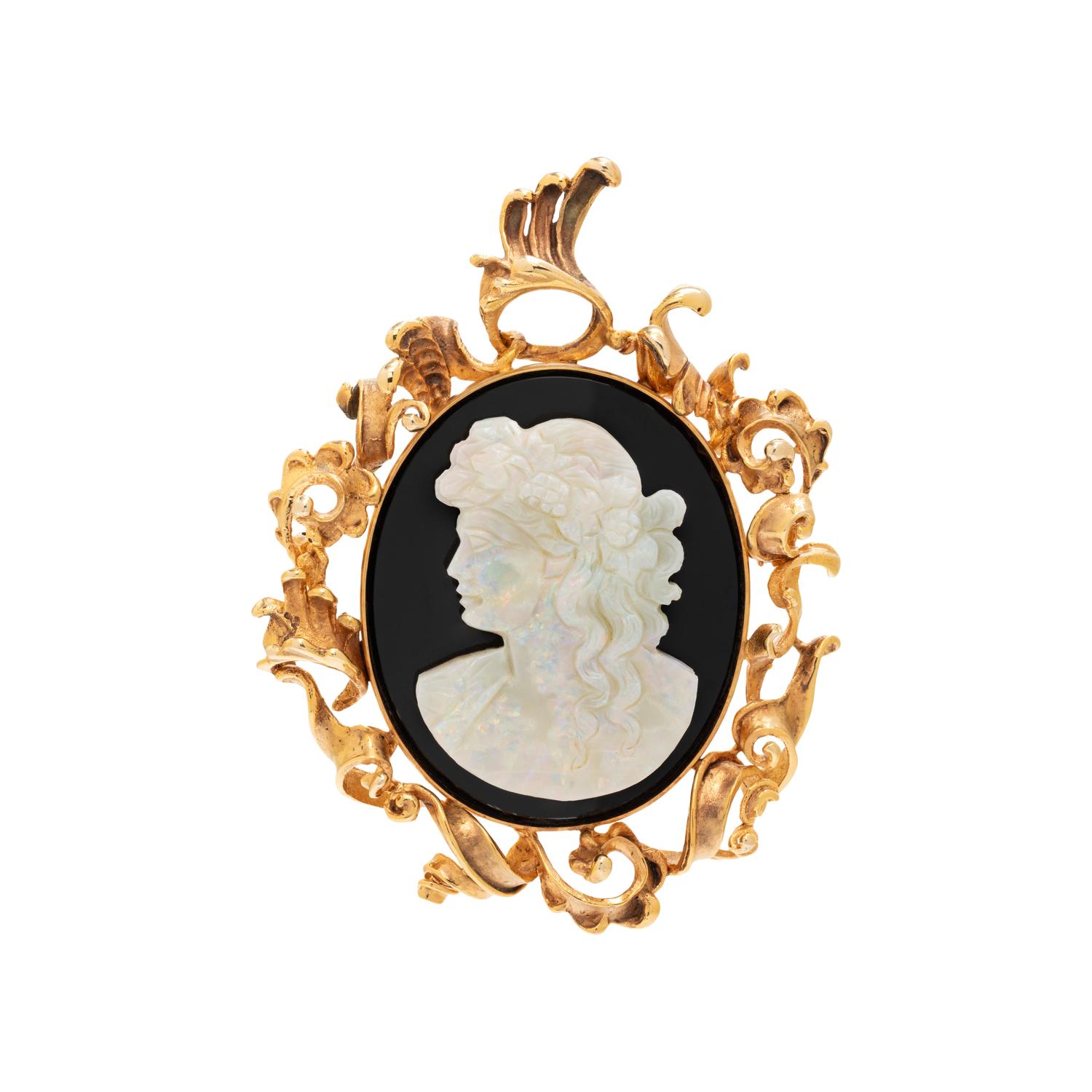 OPAL AND HARDSTONE CAMEO BROOCH