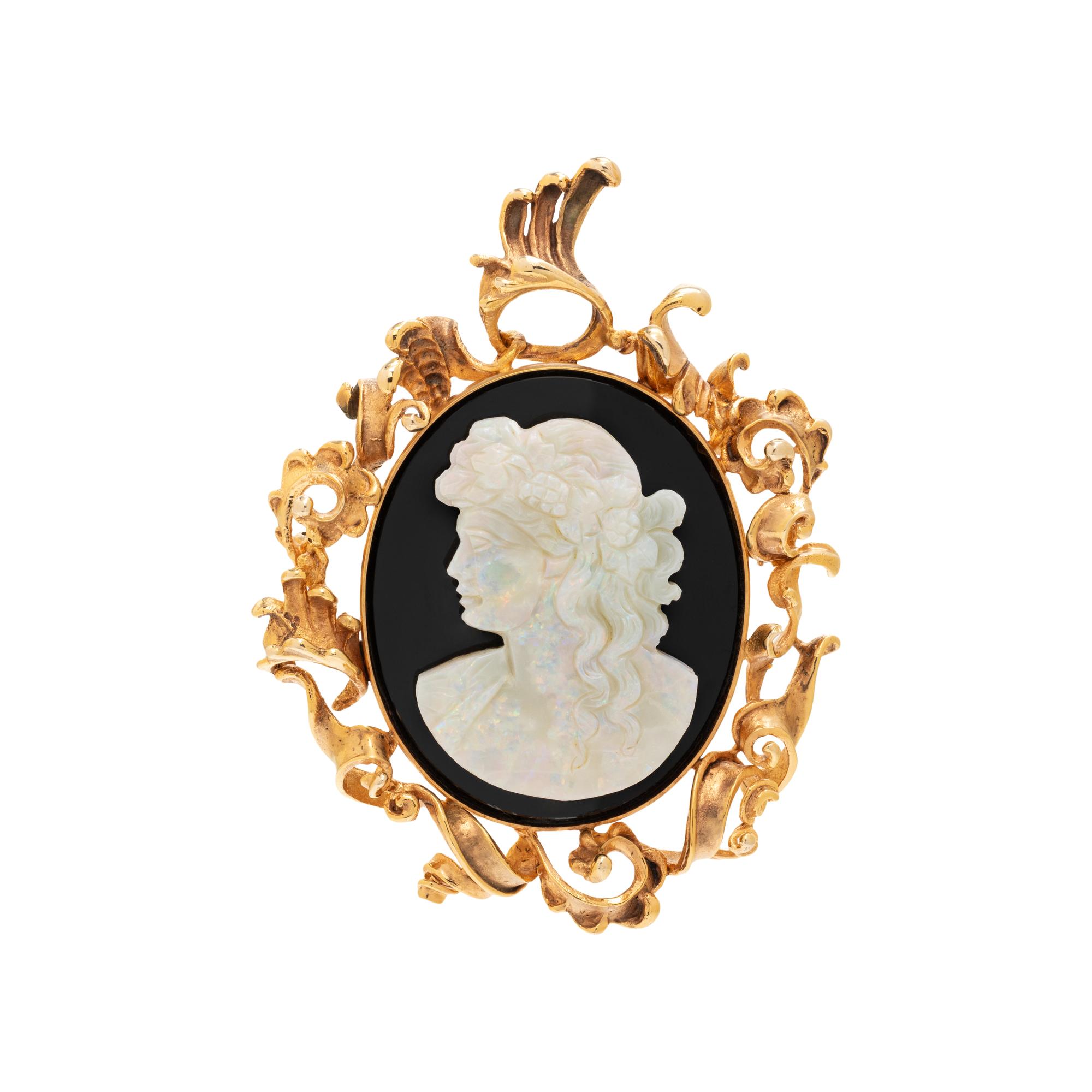 OPAL AND HARDSTONE CAMEO BROOCH