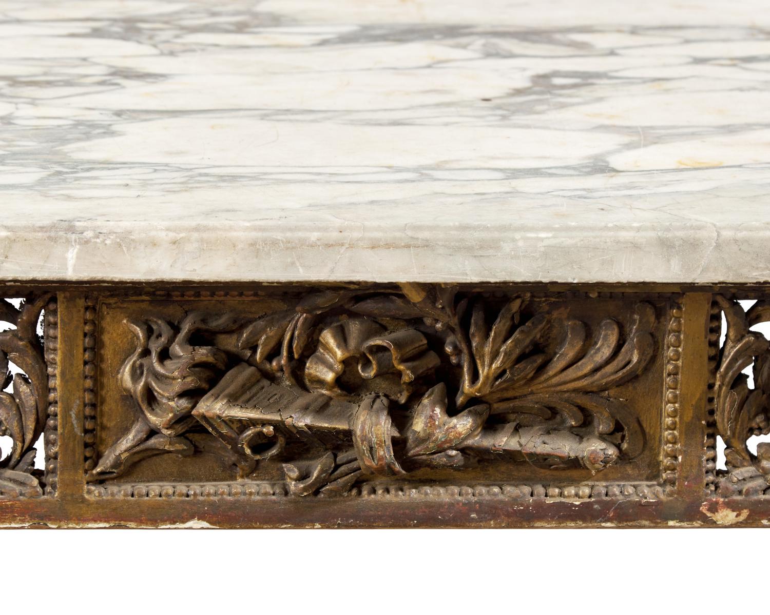 A Louis XVI Style Carved and Giltwood Center Table with Breccia Capraia Marble Top