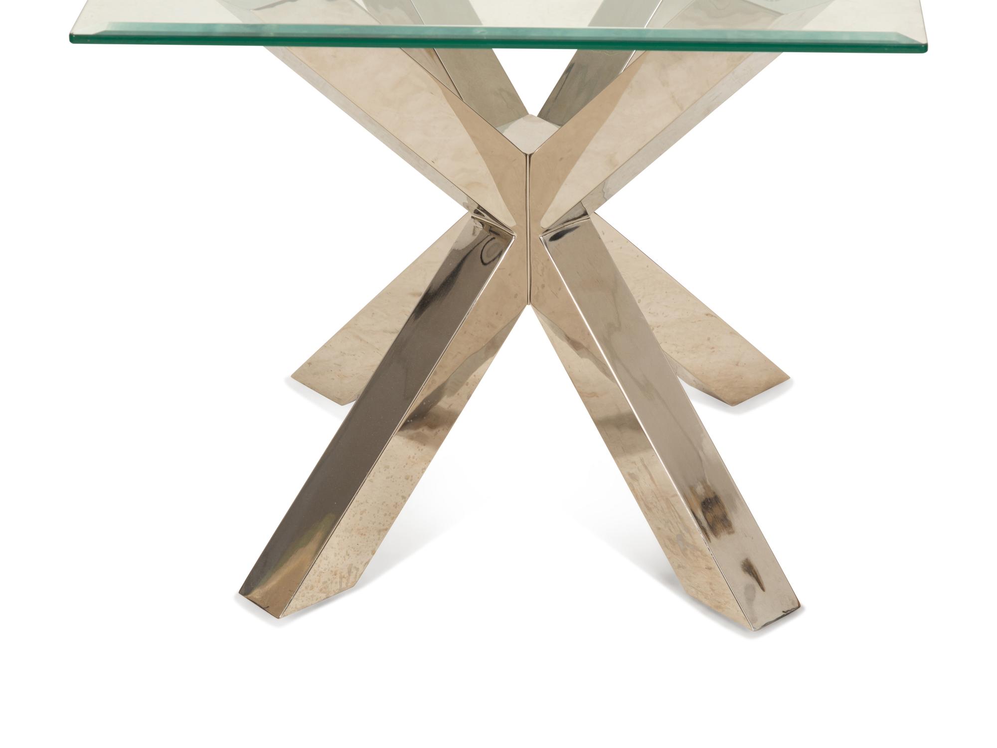 A Contemporary Glass-Top Desk with an X-Form Chrome Base and a Side Table
