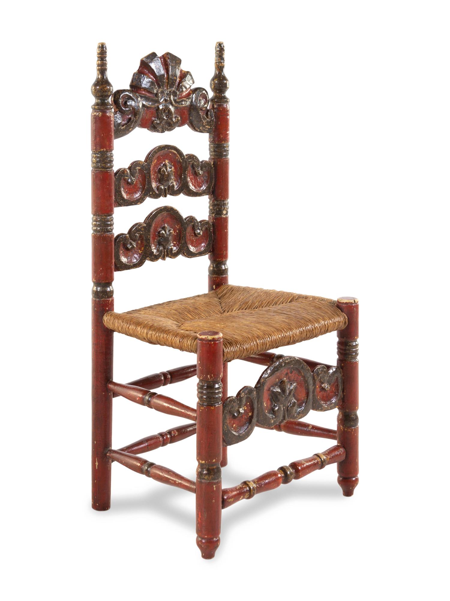 A Set of Six Continental Red and Black Painted Rush-Seat Dining Chairs