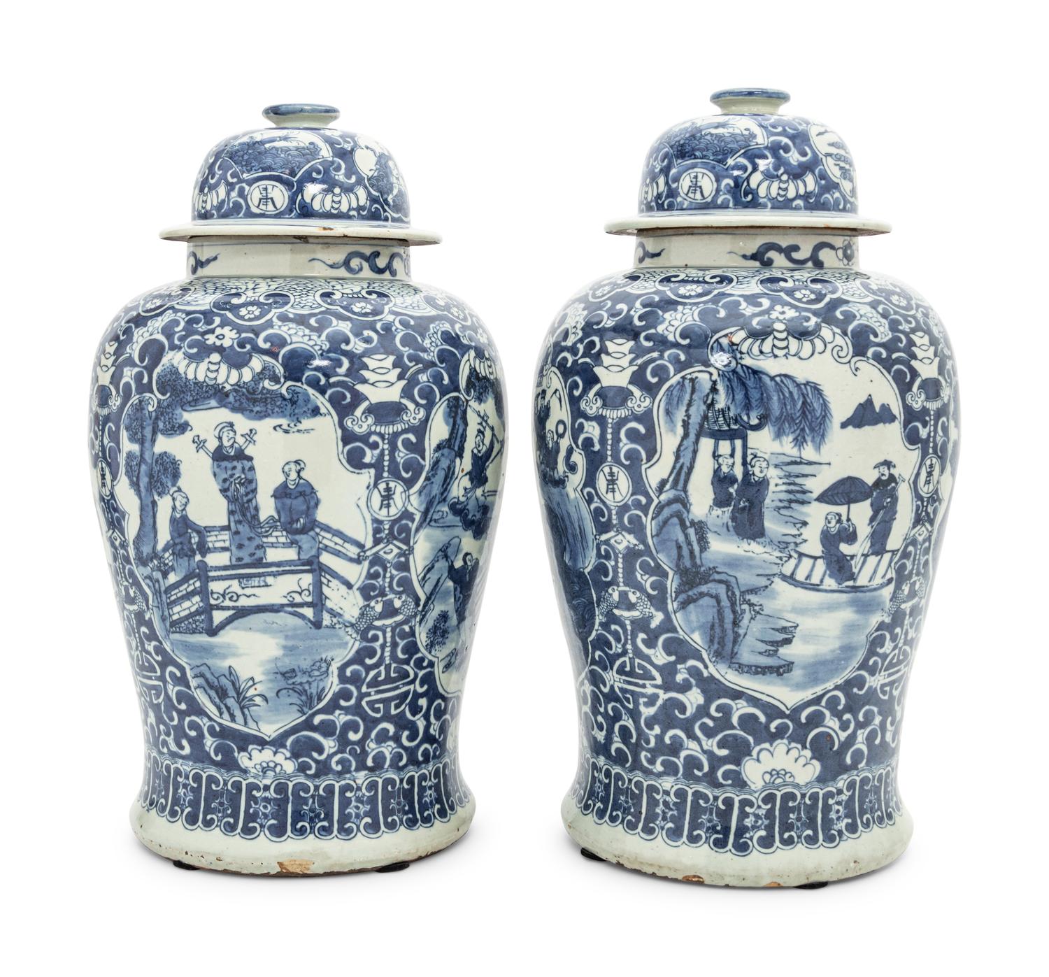 A Pair of Blue and White Porcelain Jars and Covers