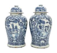 A Pair of Blue and White Porcelain Jars and Covers