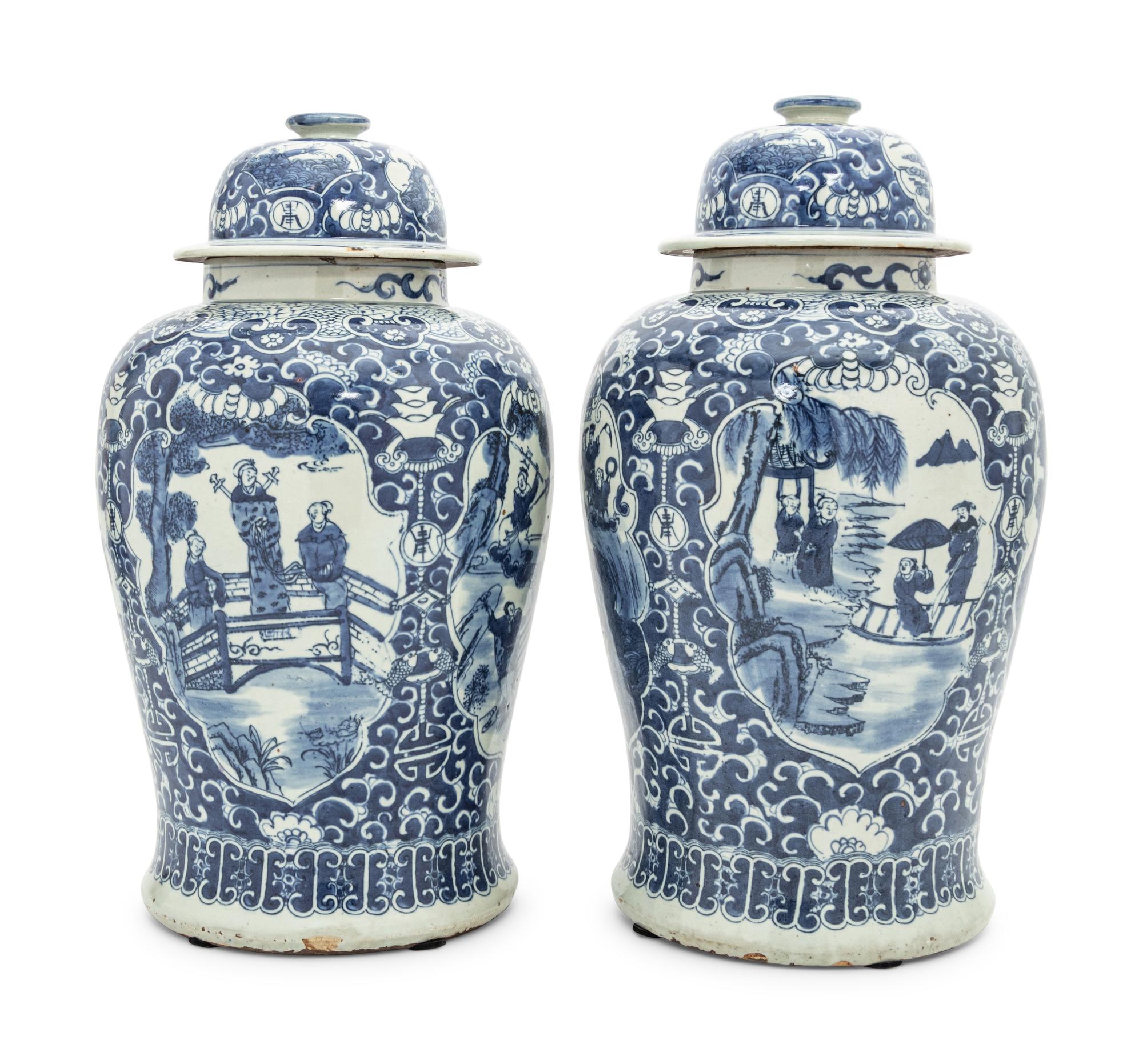 A Pair of Blue and White Porcelain Jars and Covers