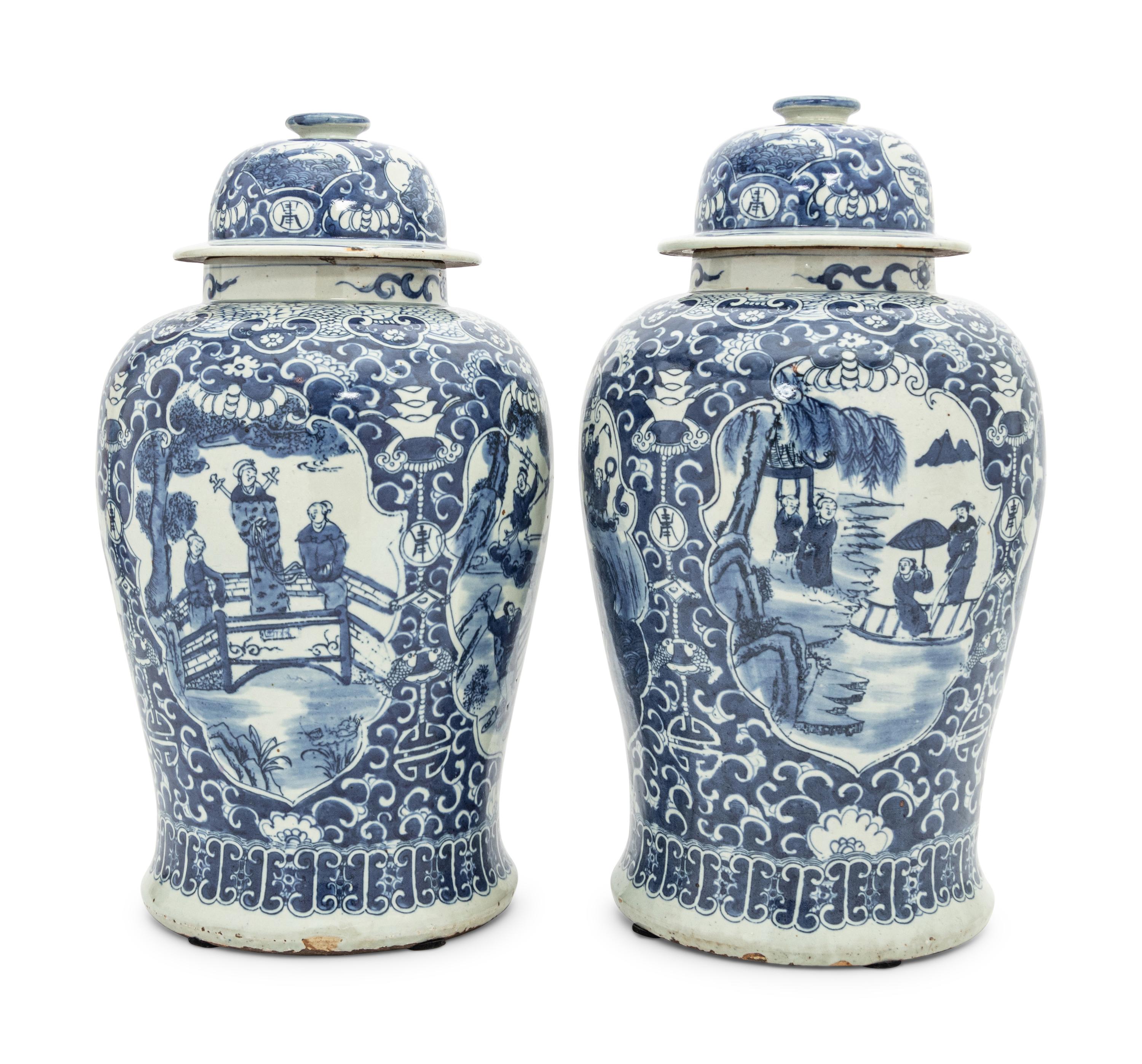 A Pair of Blue and White Porcelain Jars and Covers