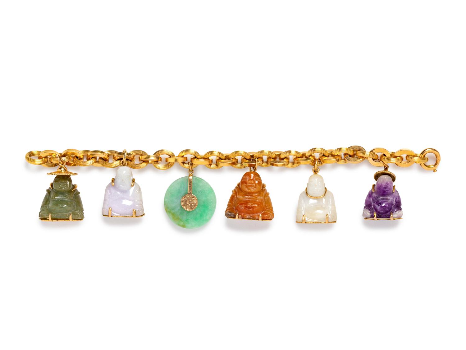 A Yellow Gold and Jade Charm Bracelet,