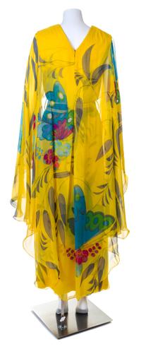 A Hanae Mori Yellow Silk Chiffon Caftan Dress, Size 16.