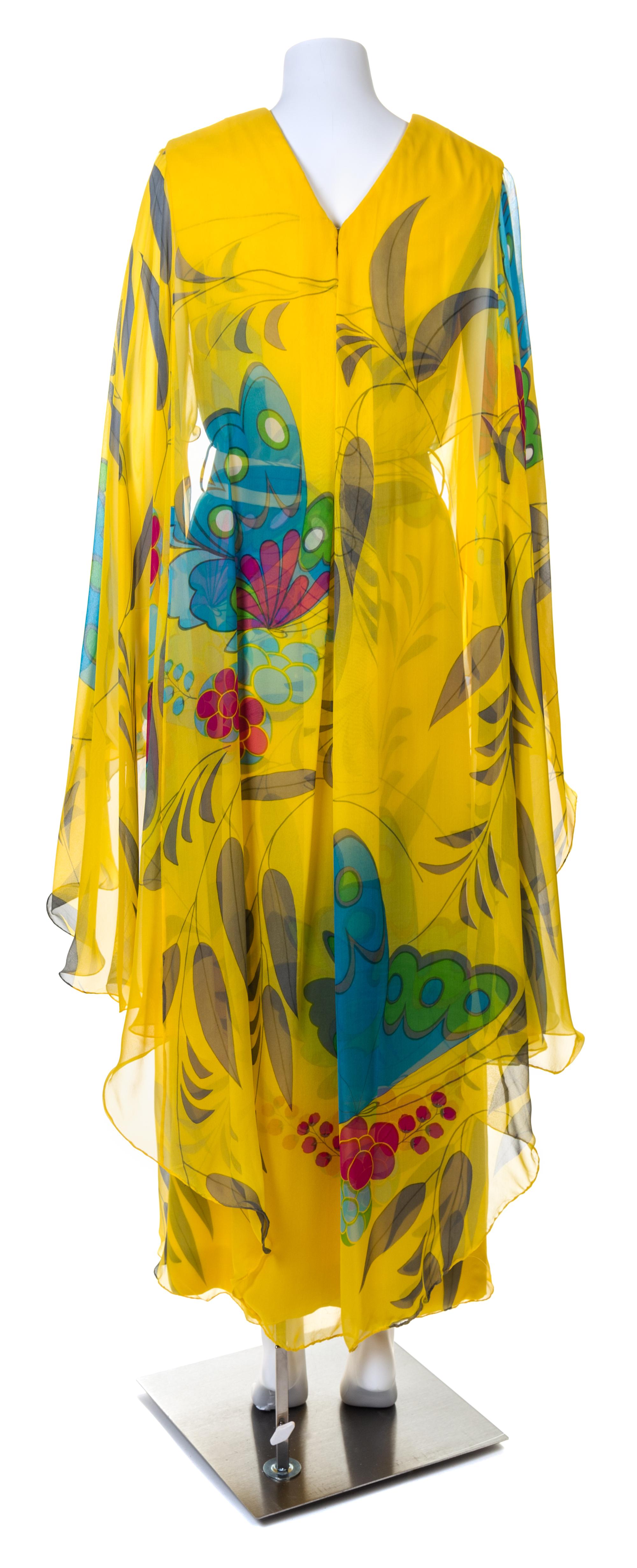 A Hanae Mori Yellow Silk Chiffon Caftan Dress, Size 16.