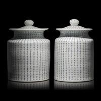 A Pair of Chinese Blue and White ' Chang Hen Ge' (Song of Everlasting Sorrow) Covered Jars, 20th Century — 近代 青花白居易《長恨歌》蓋罐一對