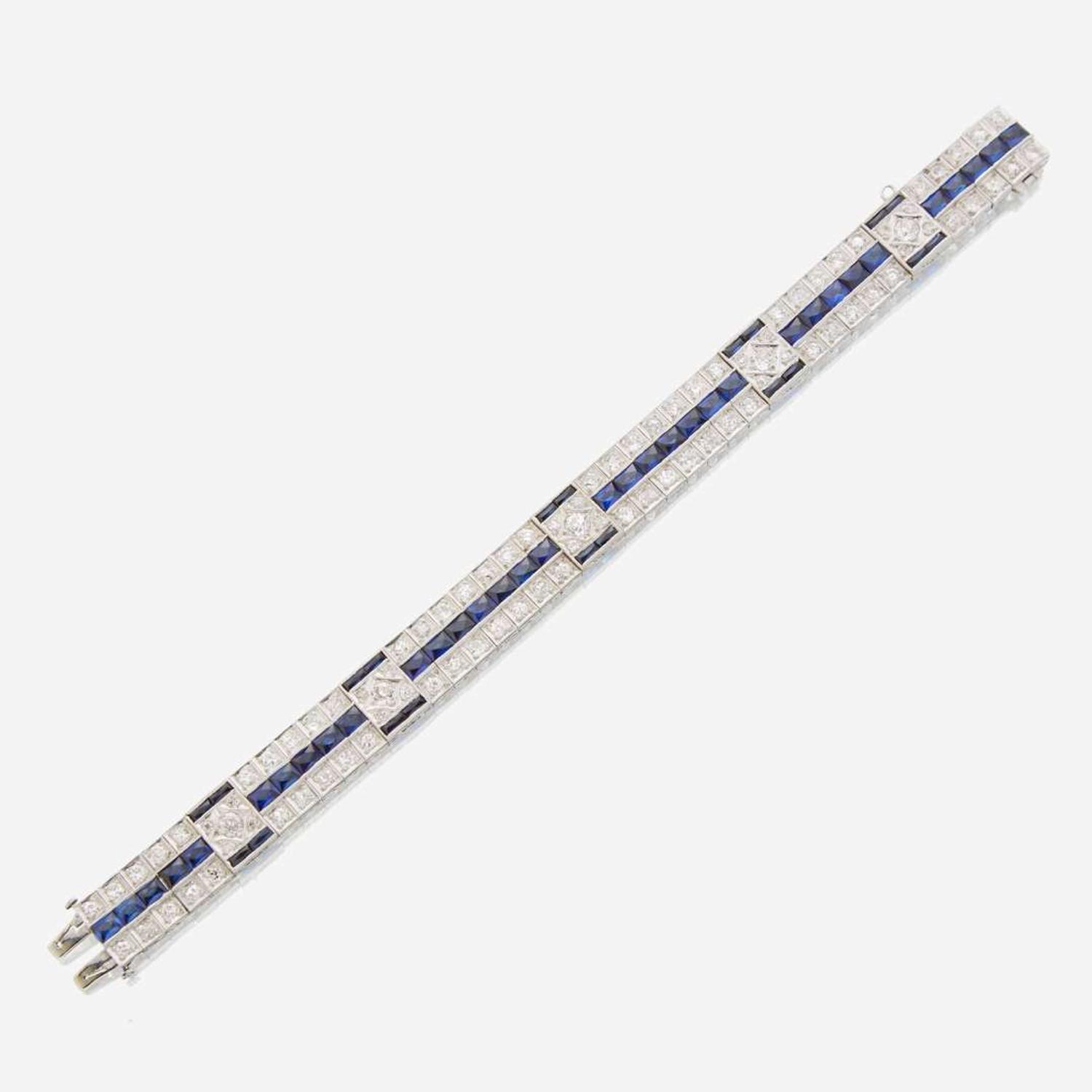 An Art Deco diamond, synthetic sapphire, and white gold bracelet