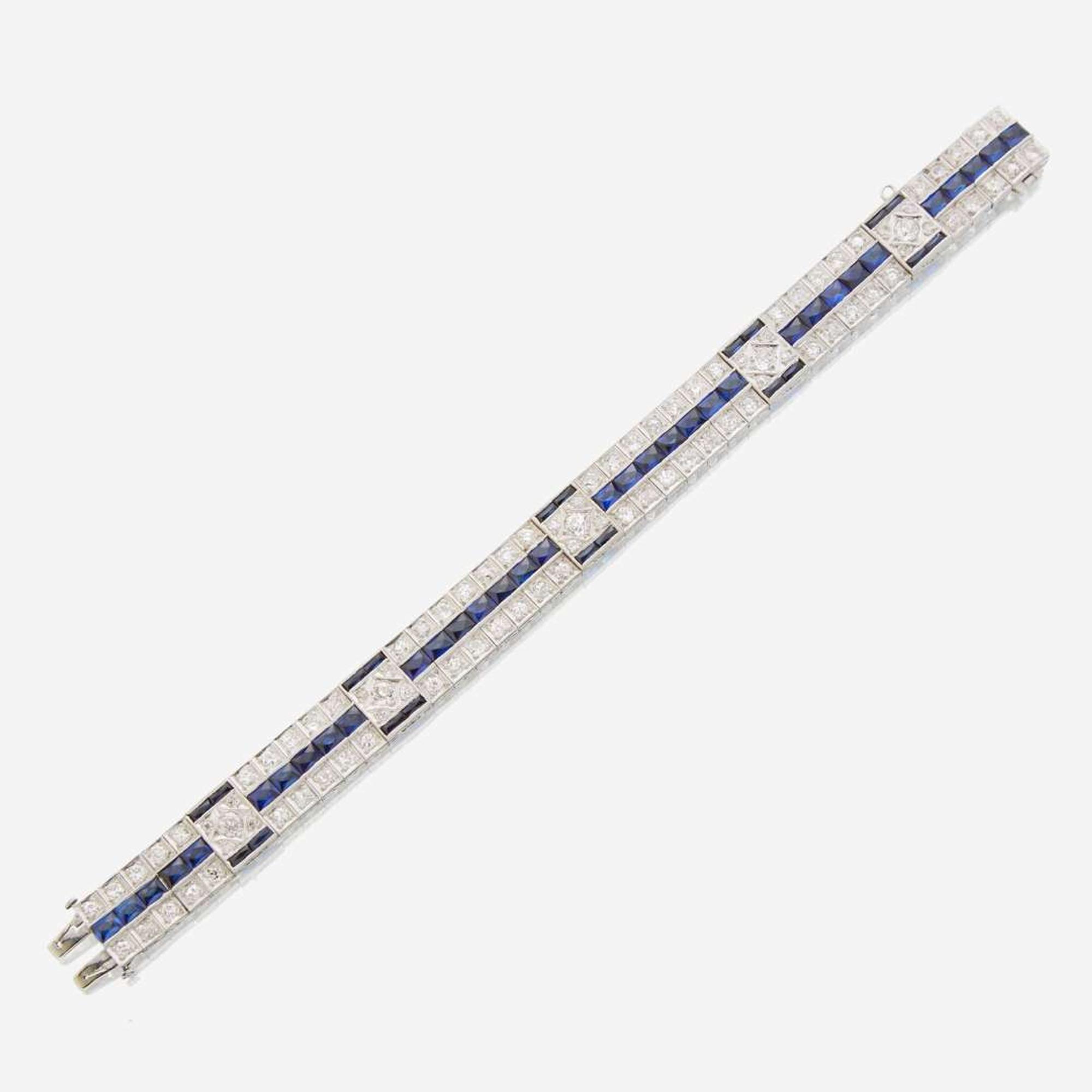 An Art Deco diamond, synthetic sapphire, and white gold bracelet