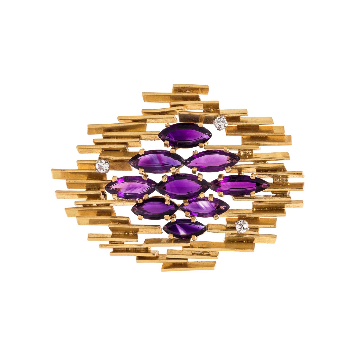 ALAN GARD, MODERNIST, YELLOW GOLD, AMETHYST AND DIAMOND BROOCH